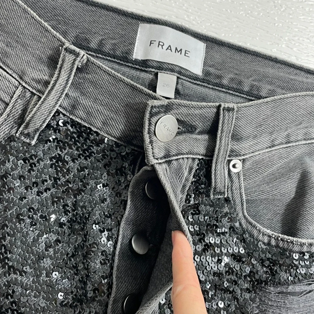 FRAME Basque‎ Rips Black Sequin Distressed Jeans Size 26 Denim High Rise Crop - Picture 4 of 9